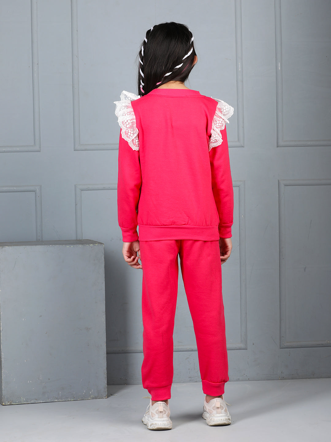 Cutiekins Girls Solid Embellished Cozy Fleece Tracksuit -Hot Pink & Off White