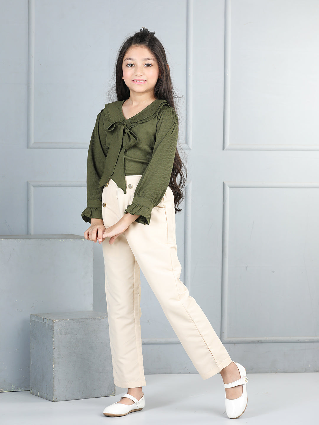 Cutiekins Girls V-Neck Embellished Top With Solid Trouser -Olive Green & Beige