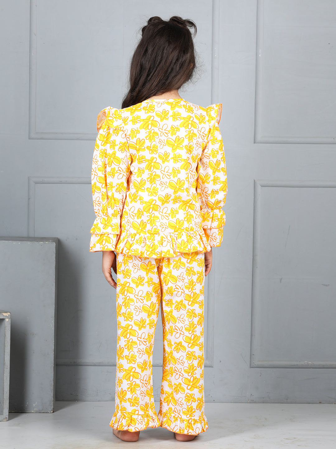 Cutiekins Girls Shirt Style Floral Printed Top With Printed Palazzo Nightsuit -Off White & Orange