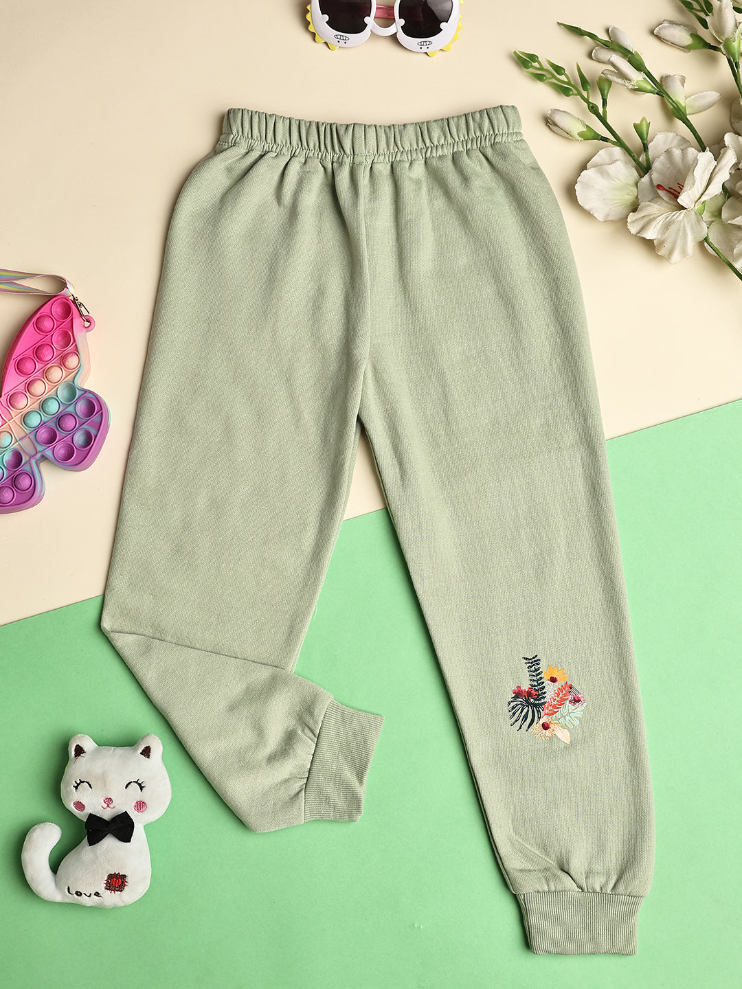 Cutiekins Girls Graphic Print Cozy Trackpant -Light Green