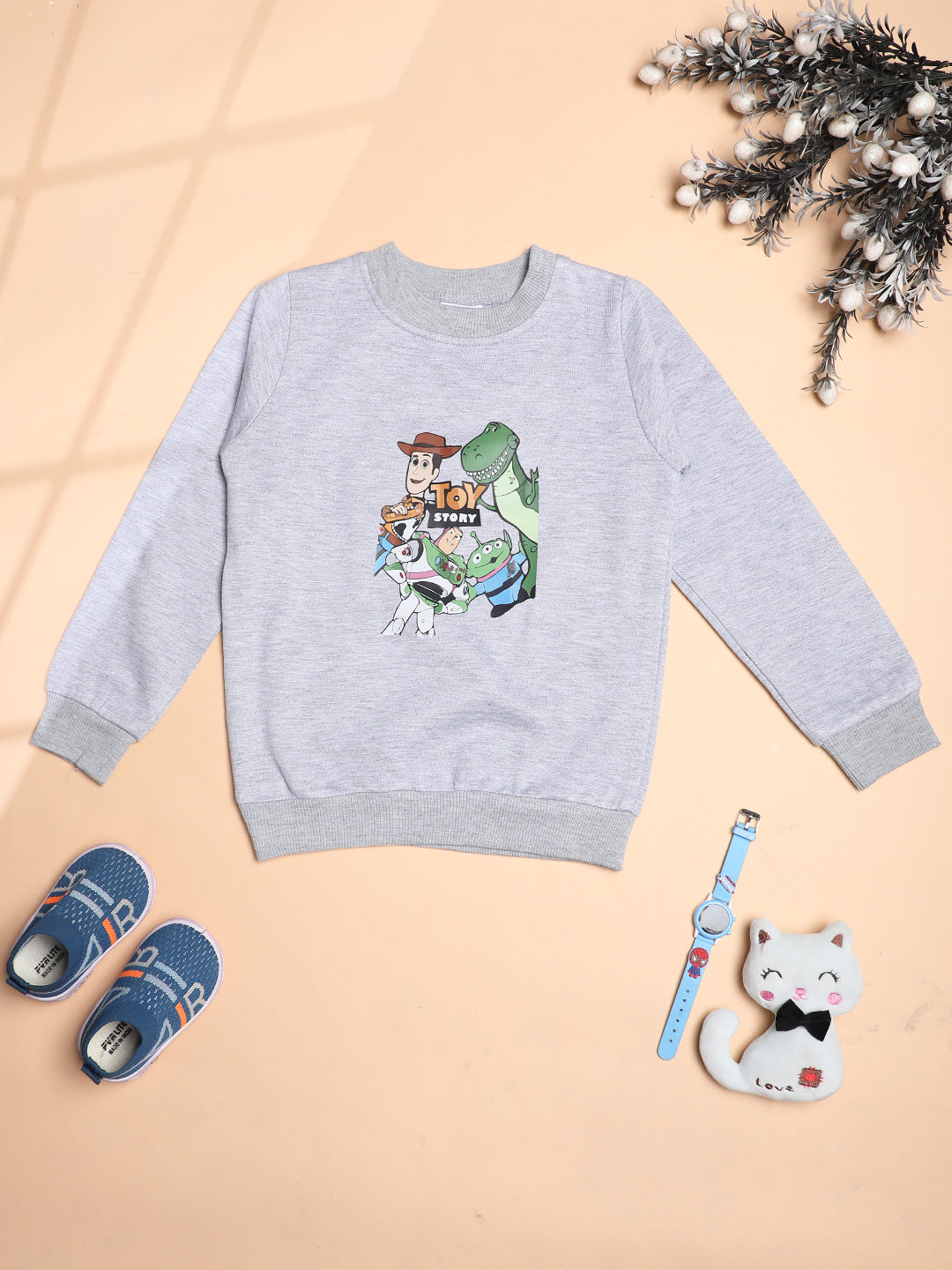 Cutiekins Boys Toy Story Graphic Print Trendy Winter Sweatshirt -Grey & Green