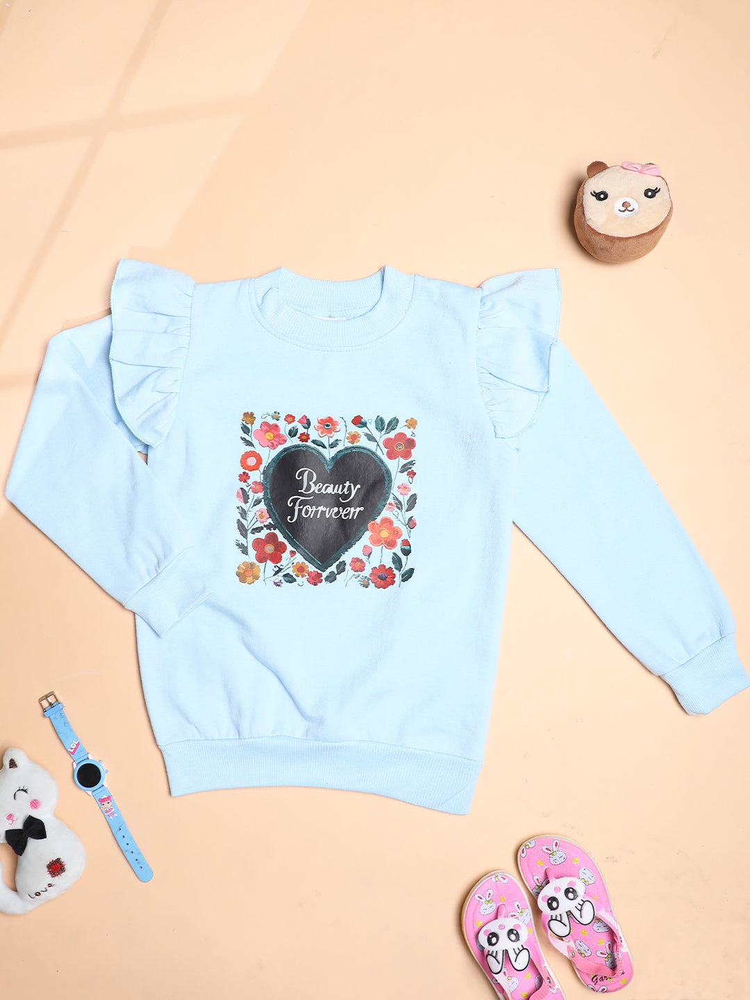 Cutiekins Girls Floral Graphic Print Trendy Winter Sweatshirt -Sky Blue & Black