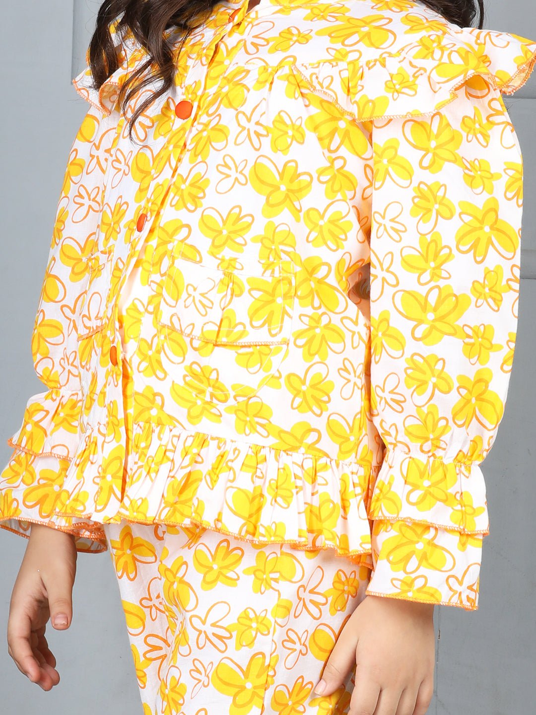 Cutiekins Girls Shirt Style Floral Printed Top With Printed Palazzo Nightsuit -Off White & Orange