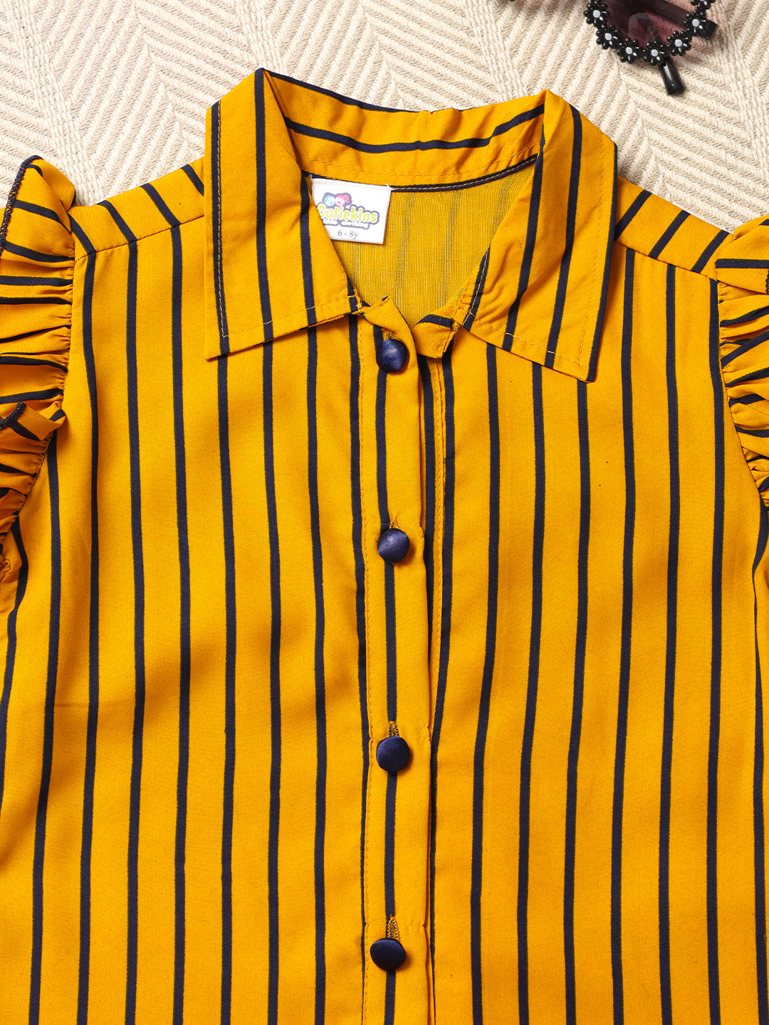 Cutiekins Girls Shirt Style Striped Top -Mustard & Navy Blue