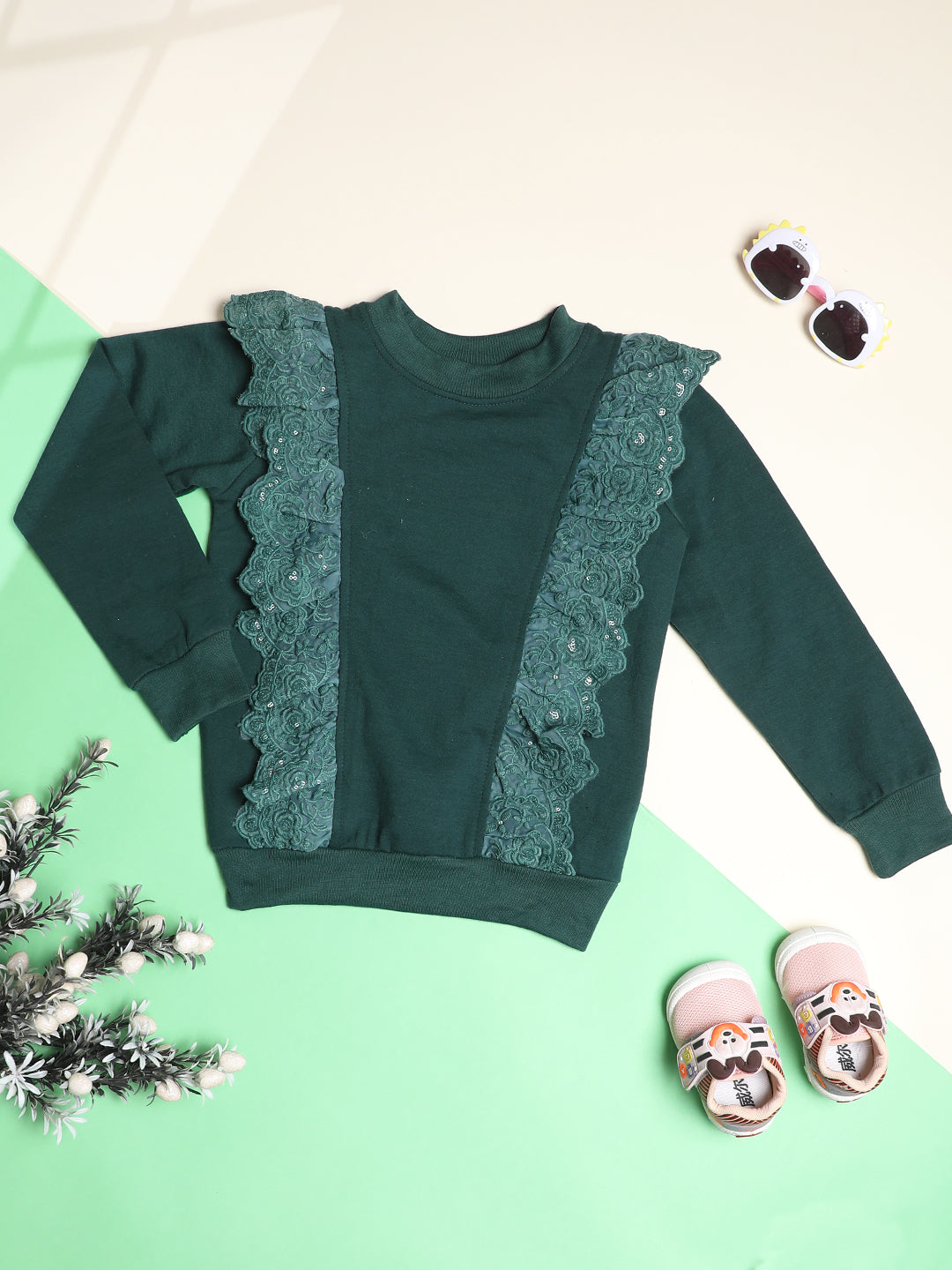 Cutiekins Girls Solid Embellished Trendy Winter Sweatshirt -Dark Green