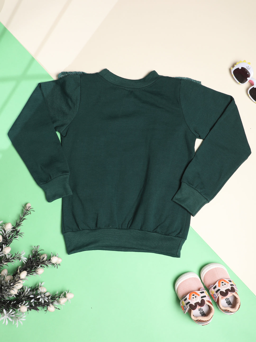 Cutiekins Girls Solid Embellished Trendy Winter Sweatshirt -Dark Green