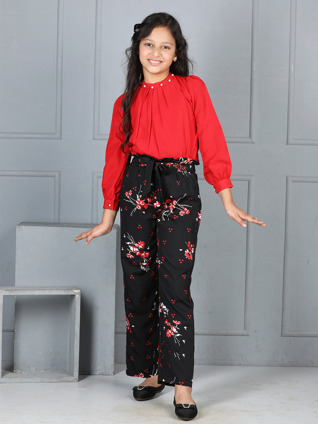 Cutiekins Girls Solid Embellished Top With Floral Printed Trouser -Red & Black