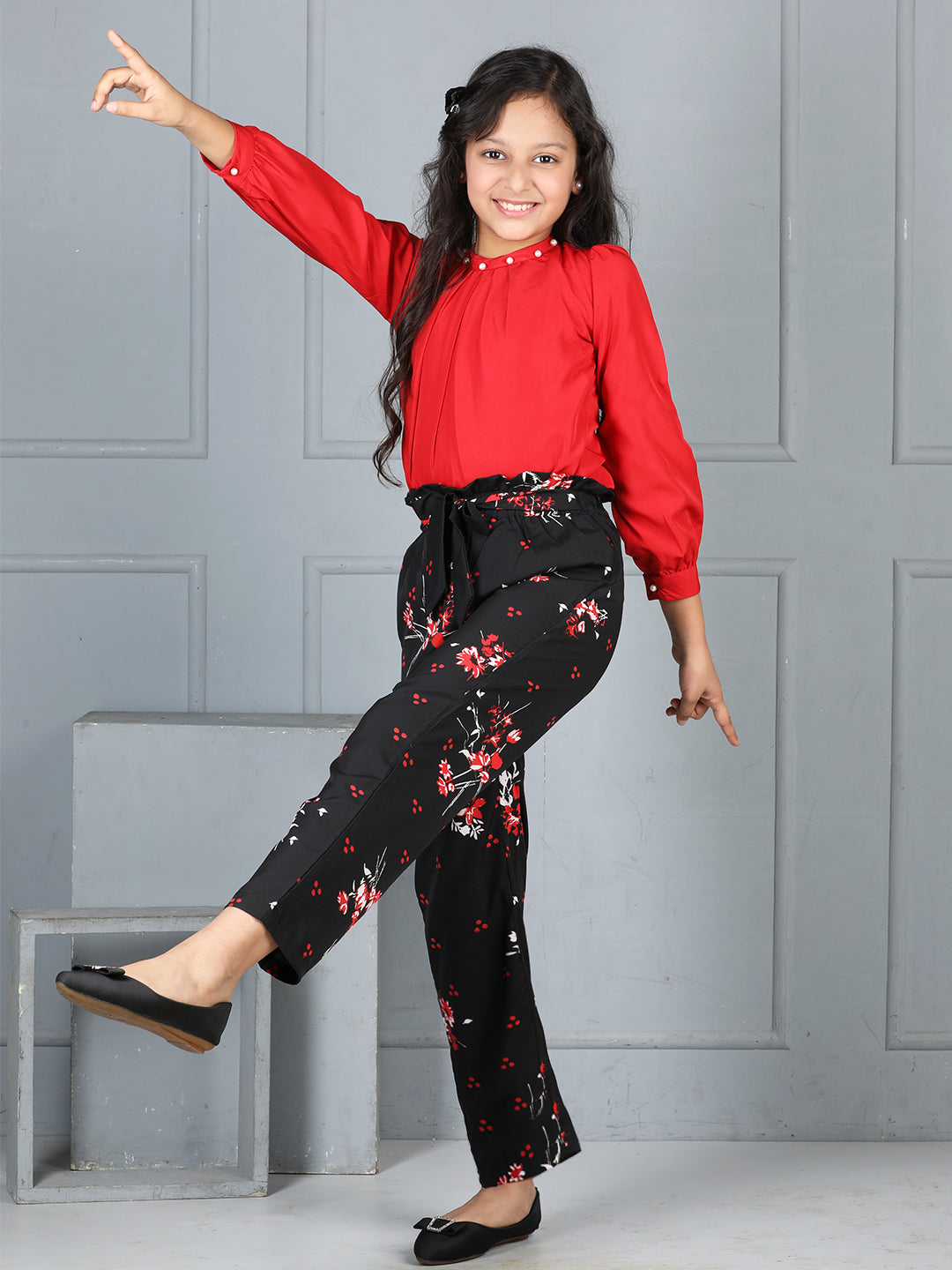 Cutiekins Girls Solid Embellished Top With Floral Printed Trouser -Red & Black