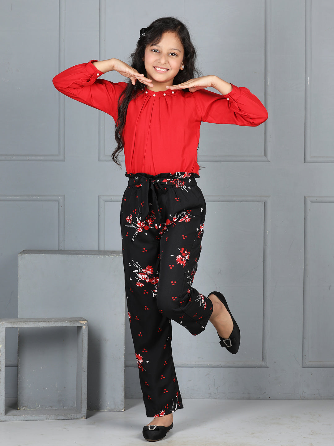 Cutiekins Girls Solid Embellished Top With Floral Printed Trouser -Red & Black