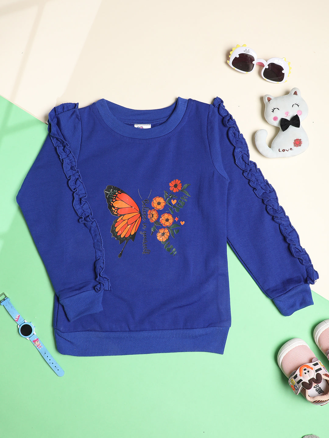 Cutiekins Girls Butterfly Graphic Print Trendy Winter Sweatshirt -Dark Blue & Rust