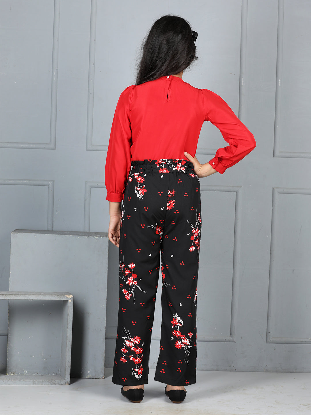 Cutiekins Girls Solid Embellished Top With Floral Printed Trouser -Red & Black