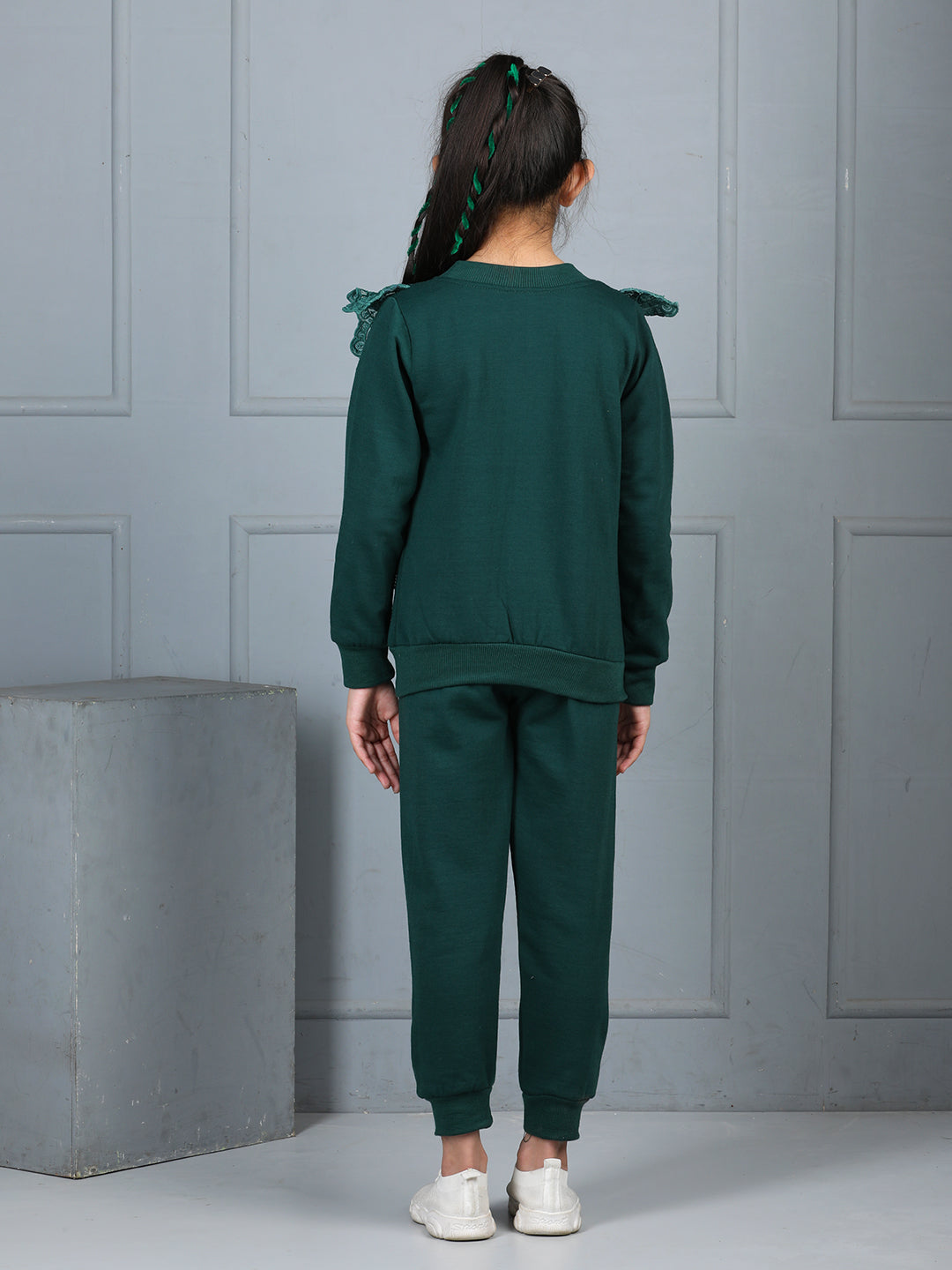 Cutiekins Girls Solid Embellished Cozy Tracksuit -Dark Green