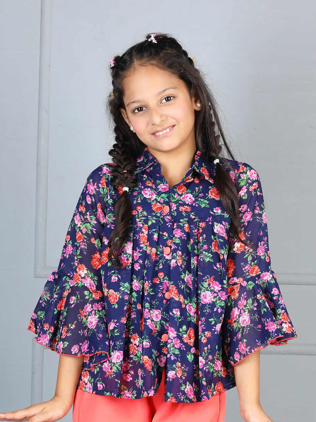 Cutiekins Girls Shirt Style Adorable Floral Print Casual Top -Dark Blue & Pink