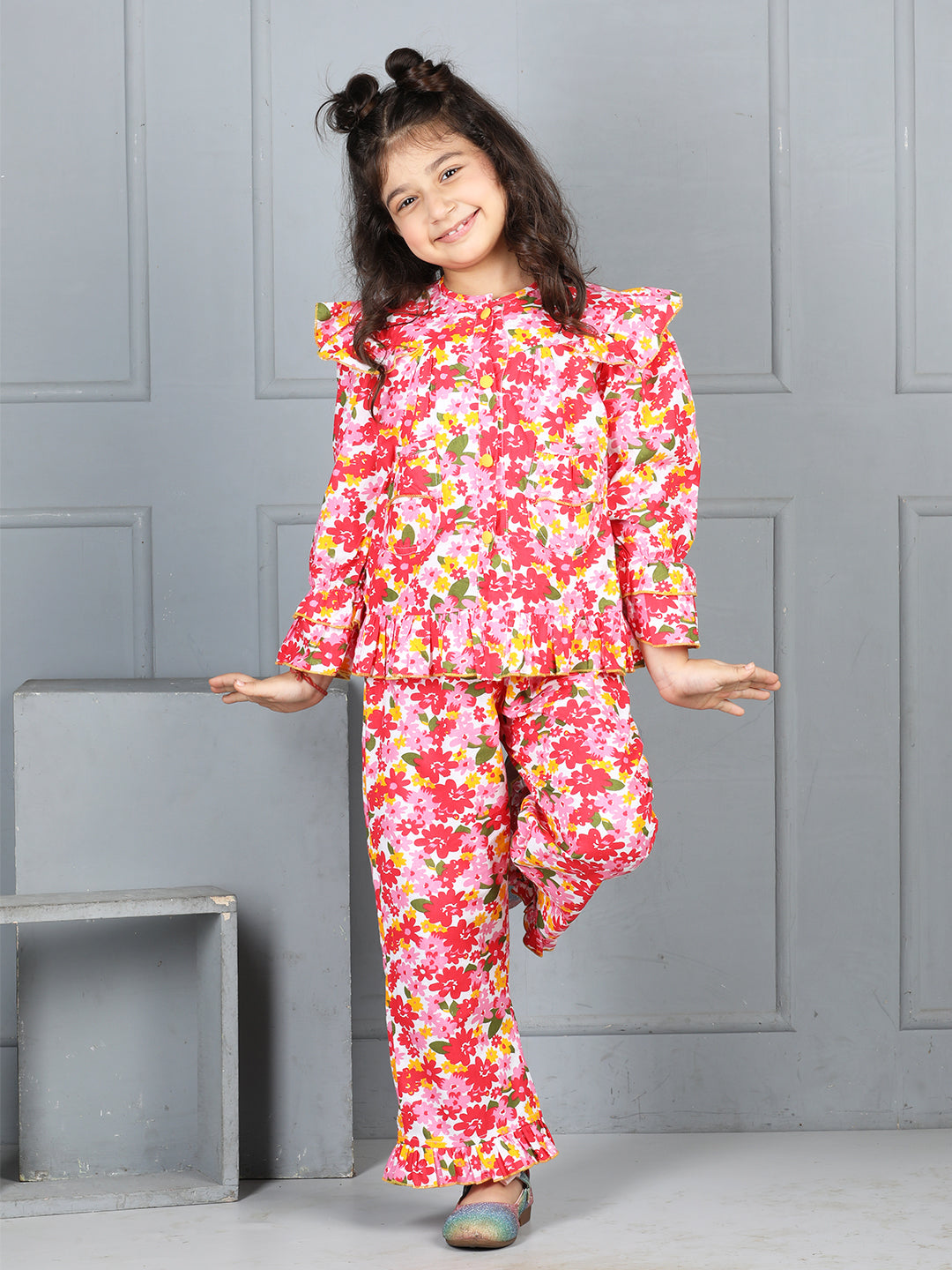 Cutiekins Girls Shirt Style Floral Printed Top With Printed Palazzo Nightsuit -Coral & Off White