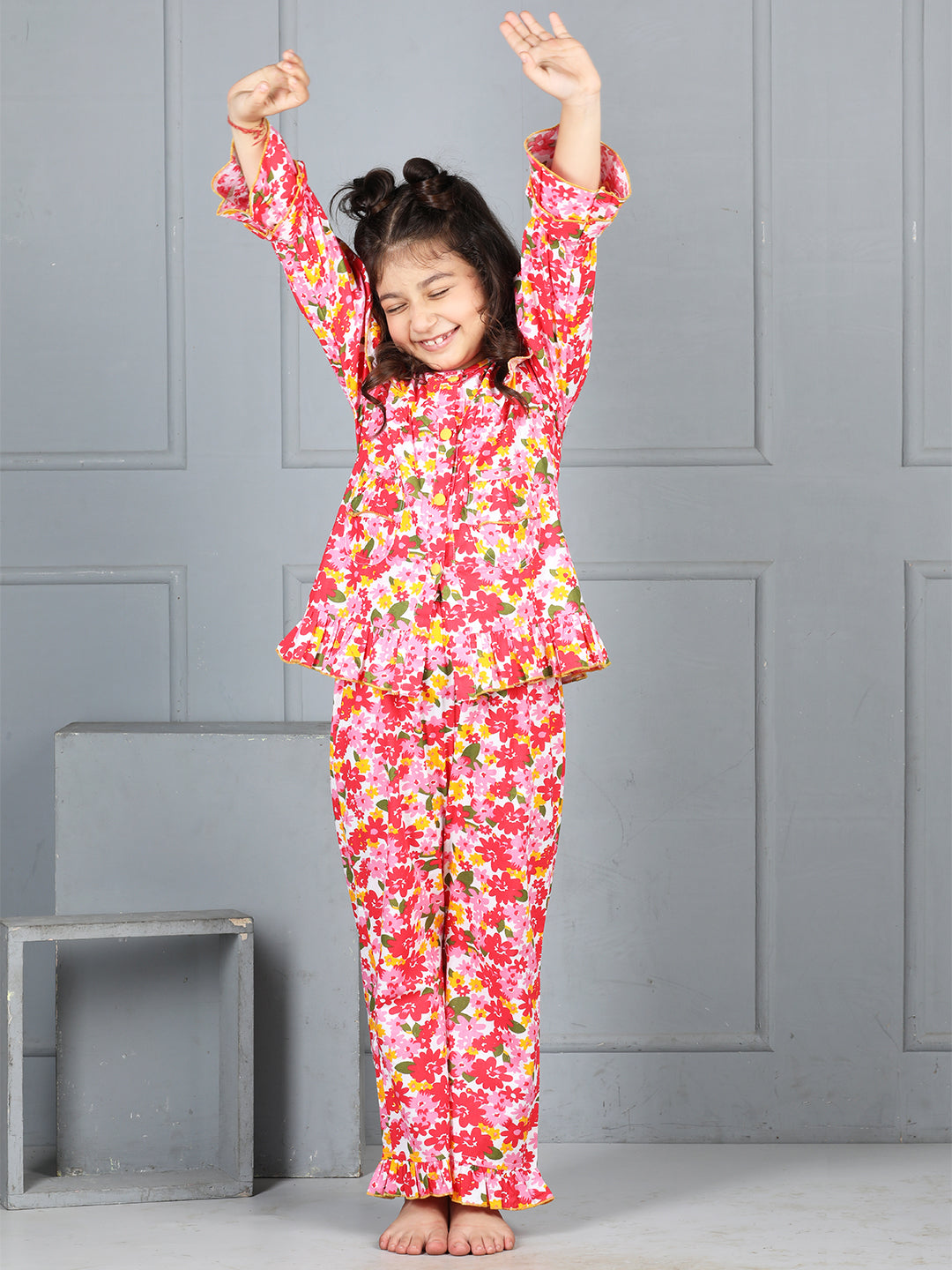 Cutiekins Girls Shirt Style Floral Printed Top With Printed Palazzo Nightsuit -Coral & Off White