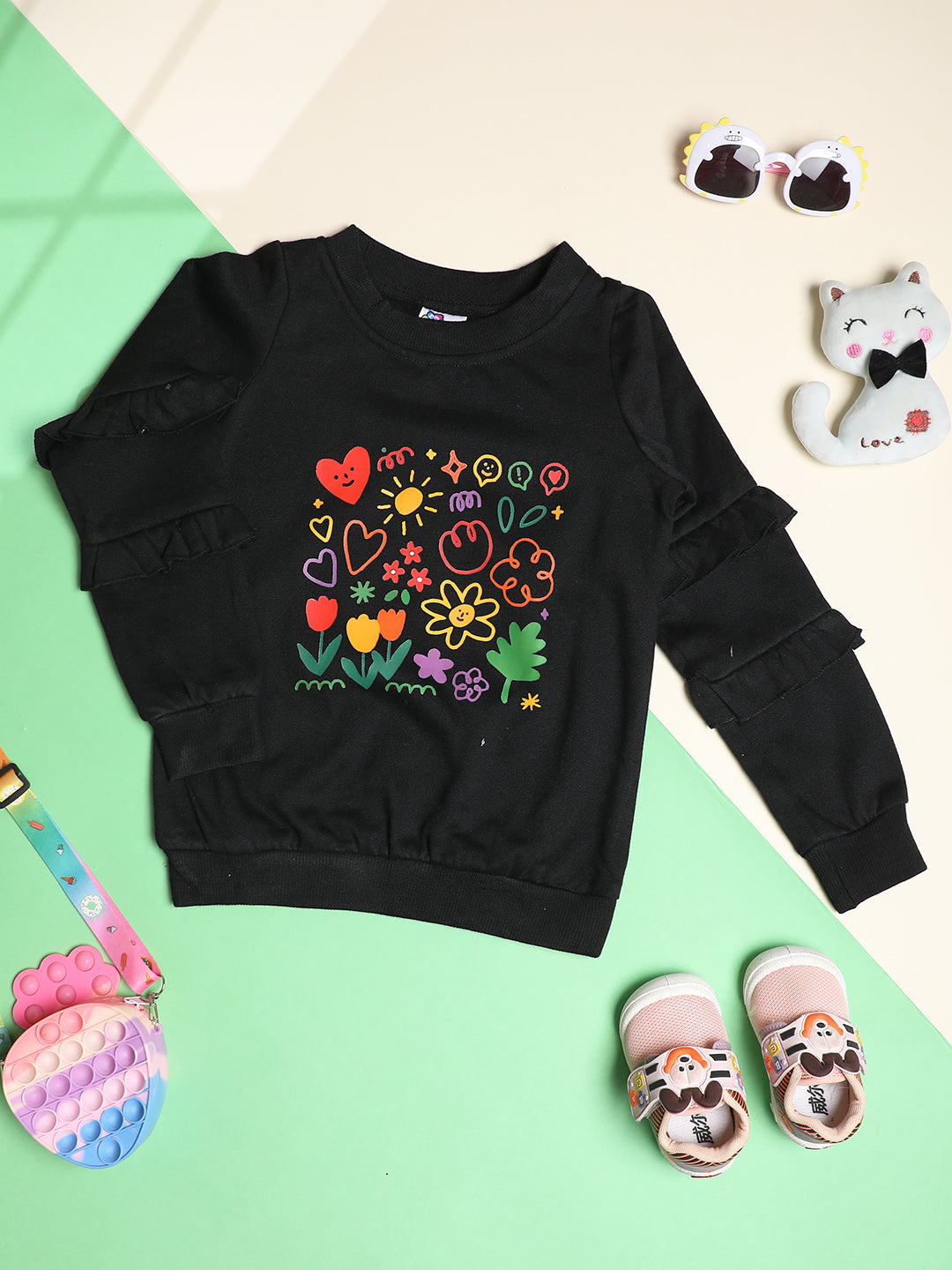 Cutiekins Girls  Graphic Print Trendy Winter Sweatshirt -Black & Multi