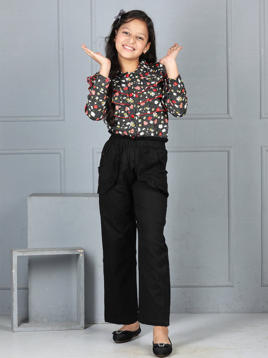 Cutiekins Girls Shirt Style Floral Printed Top With Solid Trouser -Black & Multi