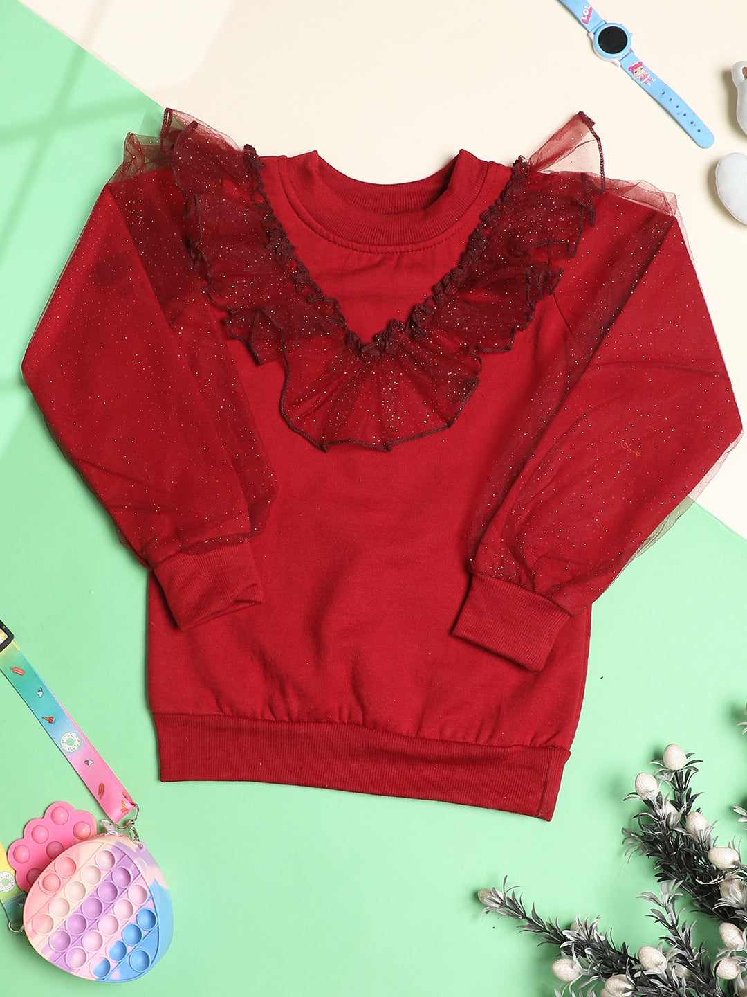 Cutiekins Girls Solid Embellished Trendy Winter Sweatshirt -Maroon