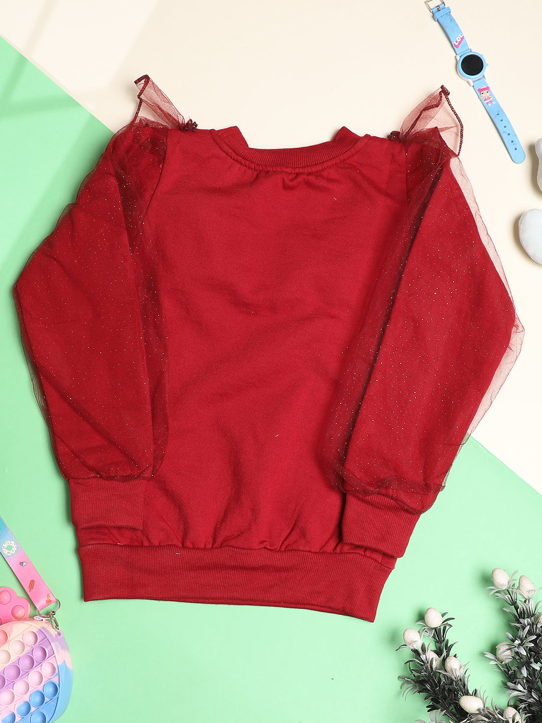 Cutiekins Girls Solid Embellished Trendy Winter Sweatshirt -Maroon