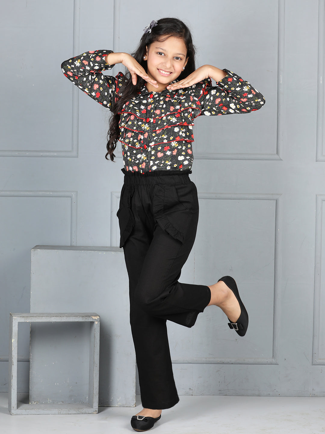 Cutiekins Girls Shirt Style Floral Printed Top With Solid Trouser -Black & Multi