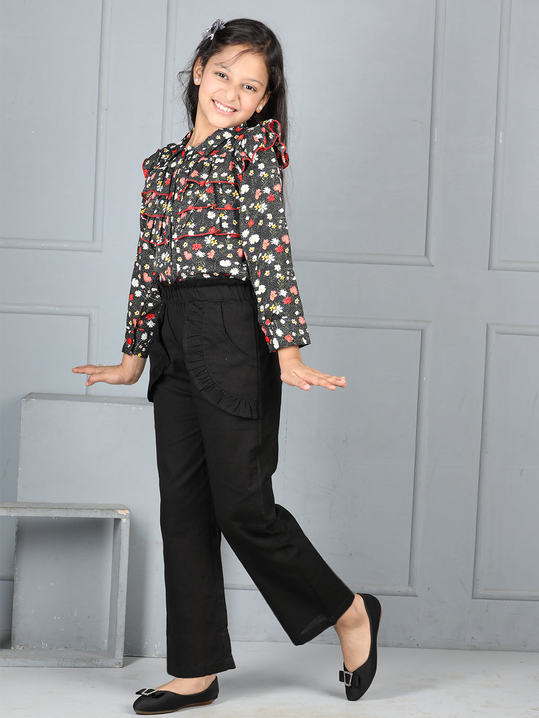 Cutiekins Girls Shirt Style Floral Printed Top With Solid Trouser -Black & Multi