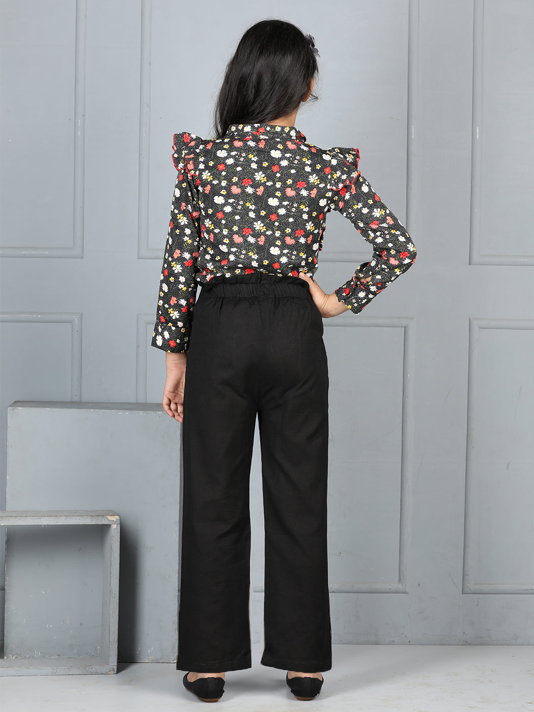 Cutiekins Girls Shirt Style Floral Printed Top With Solid Trouser -Black & Multi