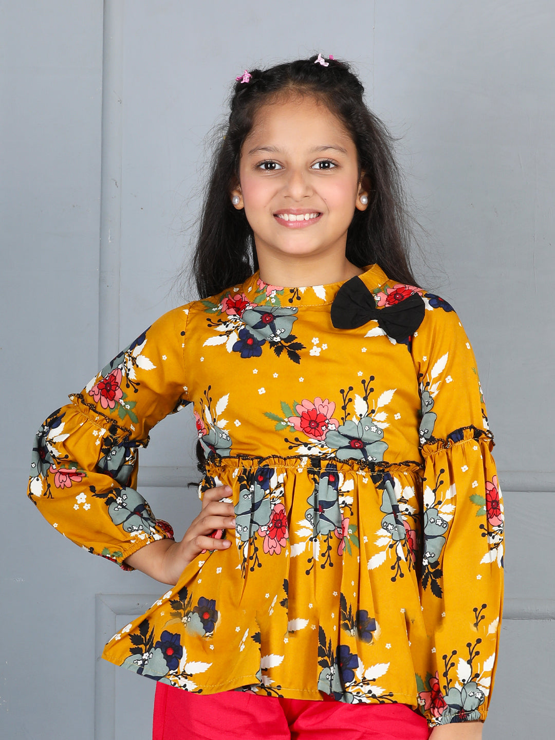 Cutiekins Girls Adorable Floral Print Casual Top -Mustard & Black