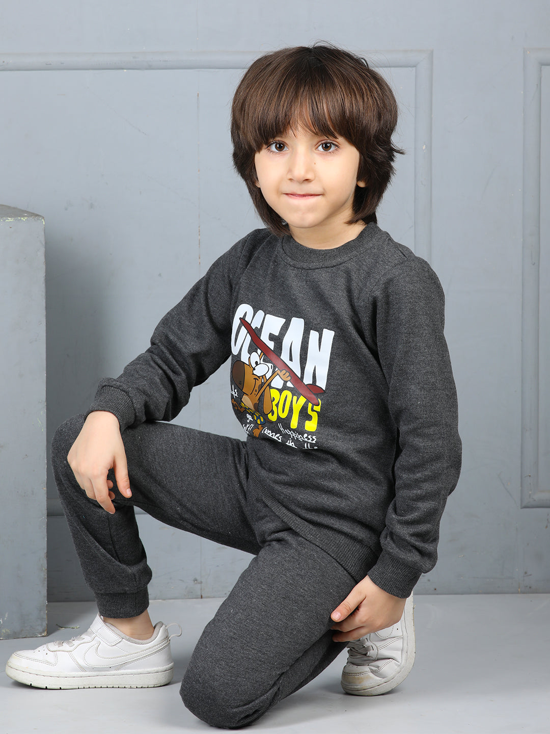 Cutiekins Boys Graphic Print cozy Fleece Tracksuit -Black & Off White