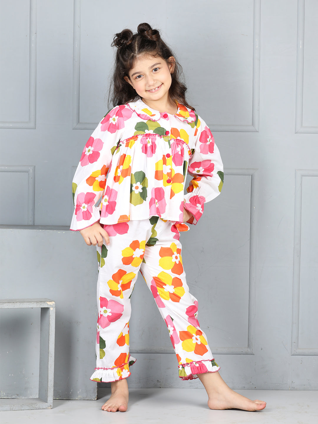 Cutiekins Girls Shirt Style Floral Printed Top With Printed Palazzo Nightsuit -Off White & Pink