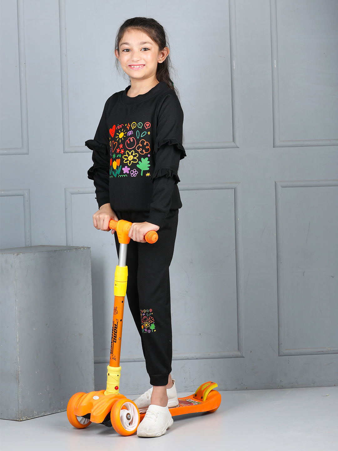 Cutiekins Girls Graphic Print Cozy Tracksuit -Black & Multi