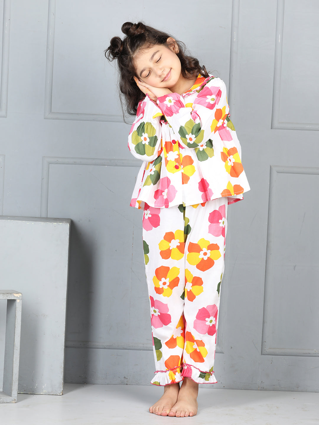 Cutiekins Girls Shirt Style Floral Printed Top With Printed Palazzo Nightsuit -Off White & Pink