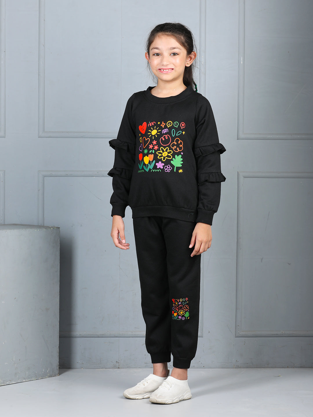 Cutiekins Girls Graphic Print Cozy Tracksuit -Black & Multi