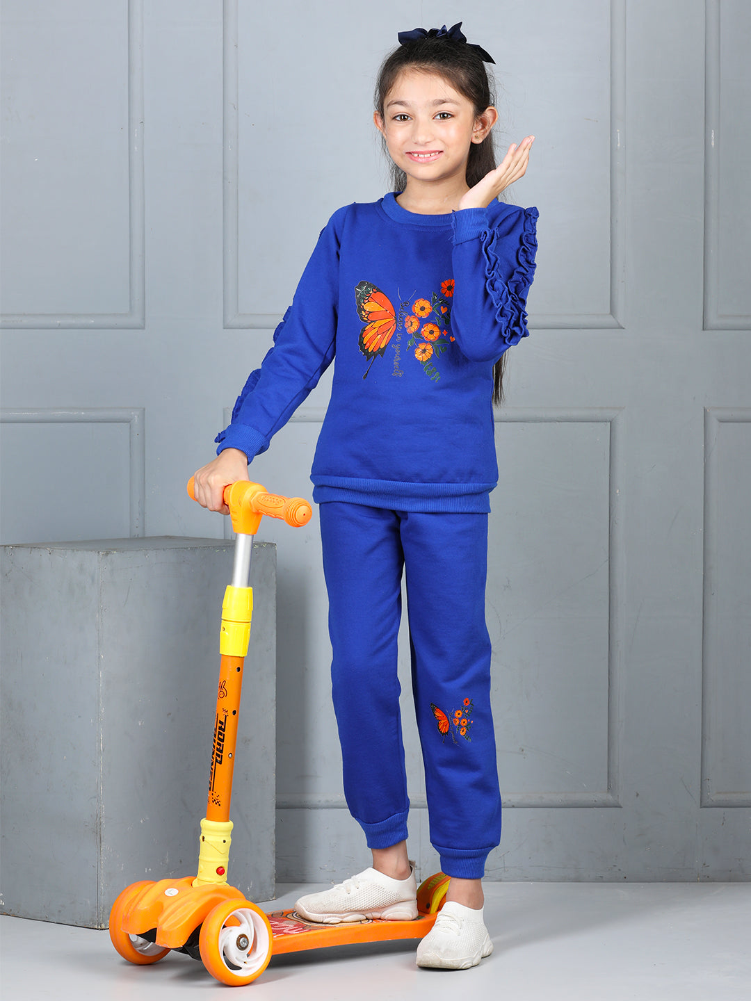 Cutiekins Girls Graphic Print and Embellished Cozy Tracksuit -Dark Blue & Rust