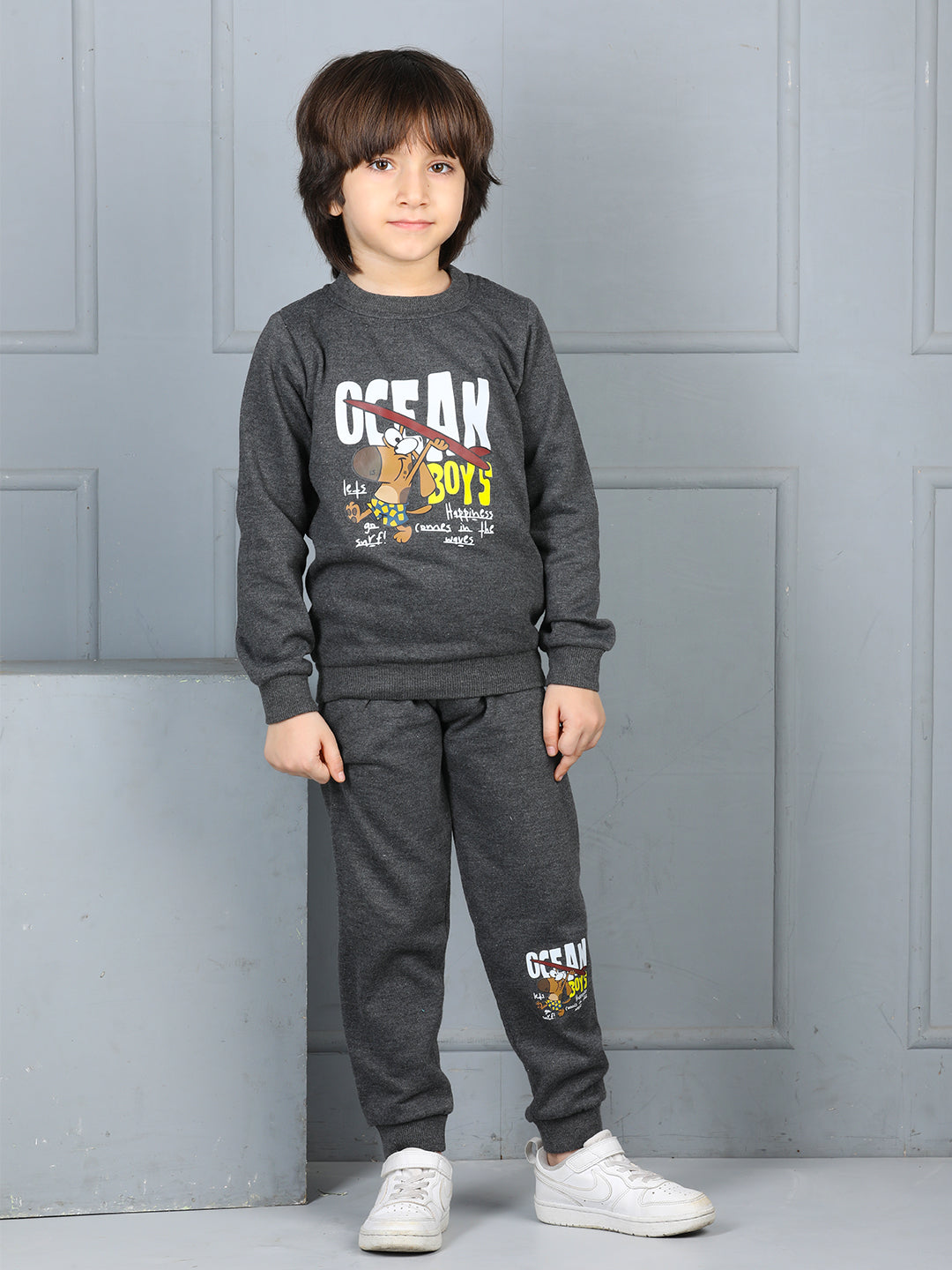 Cutiekins Boys Graphic Print cozy Fleece Tracksuit -Black & Off White