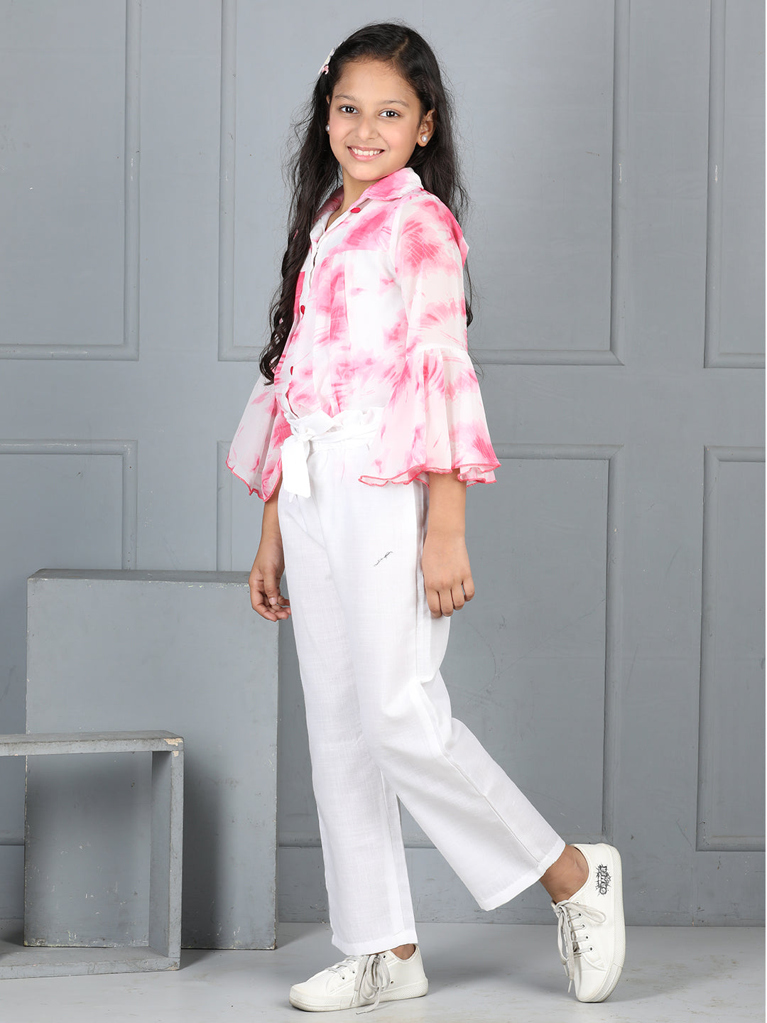 Cutiekins Girls Shirt Style Printed Top With Solid Trouser -Off White & Pink