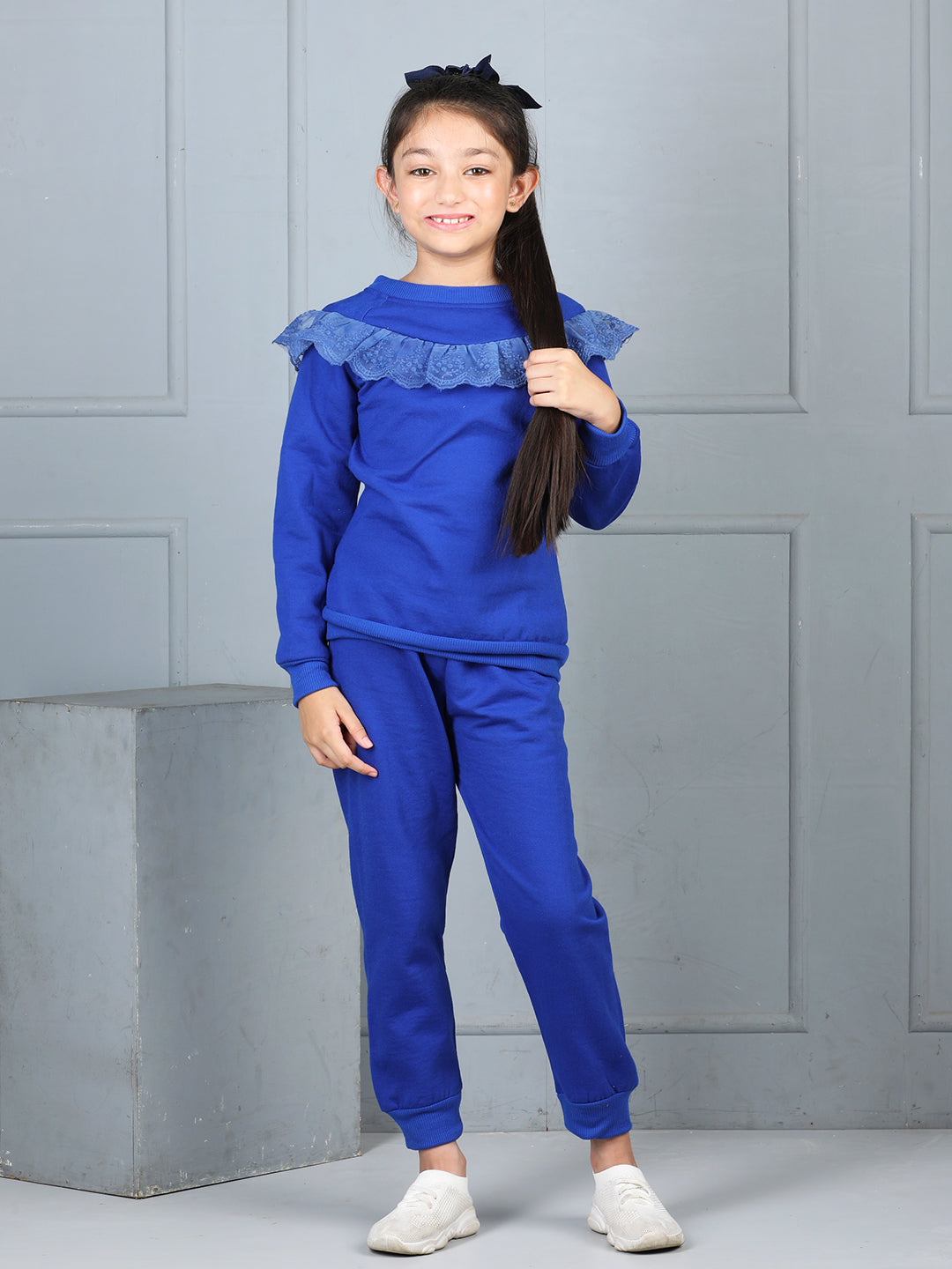 Cutiekins Girls Solid Embellished Cozy Fleece Tracksuit -Dark Blue