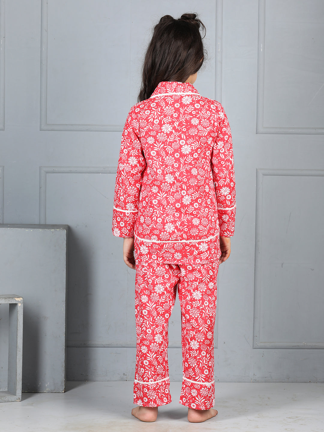 Cutiekins Girls Shirt Style Floral Print Top With Printed Palazzo Nightsuit -Coral & Off White