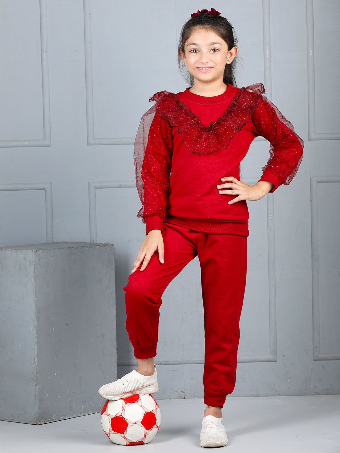 Cutiekins Girls Solid Embellished Cozy Fleece Tracksuit -Maroon