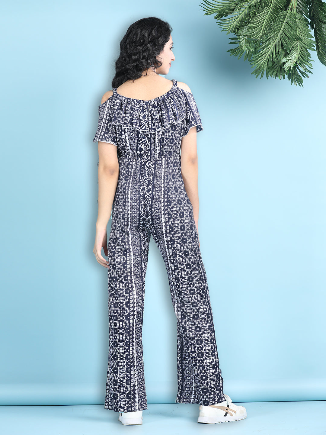 Cutiekins Girls Stylish Ethnic Motifs Print  Jumpsuit -Dark Blue & Off White