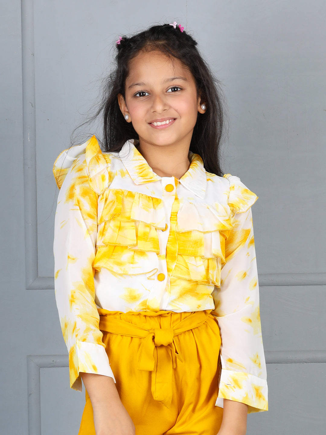 Cutiekins Girls Shirt Style Trendy Tie and Dye Print Top -Off White & Mustard