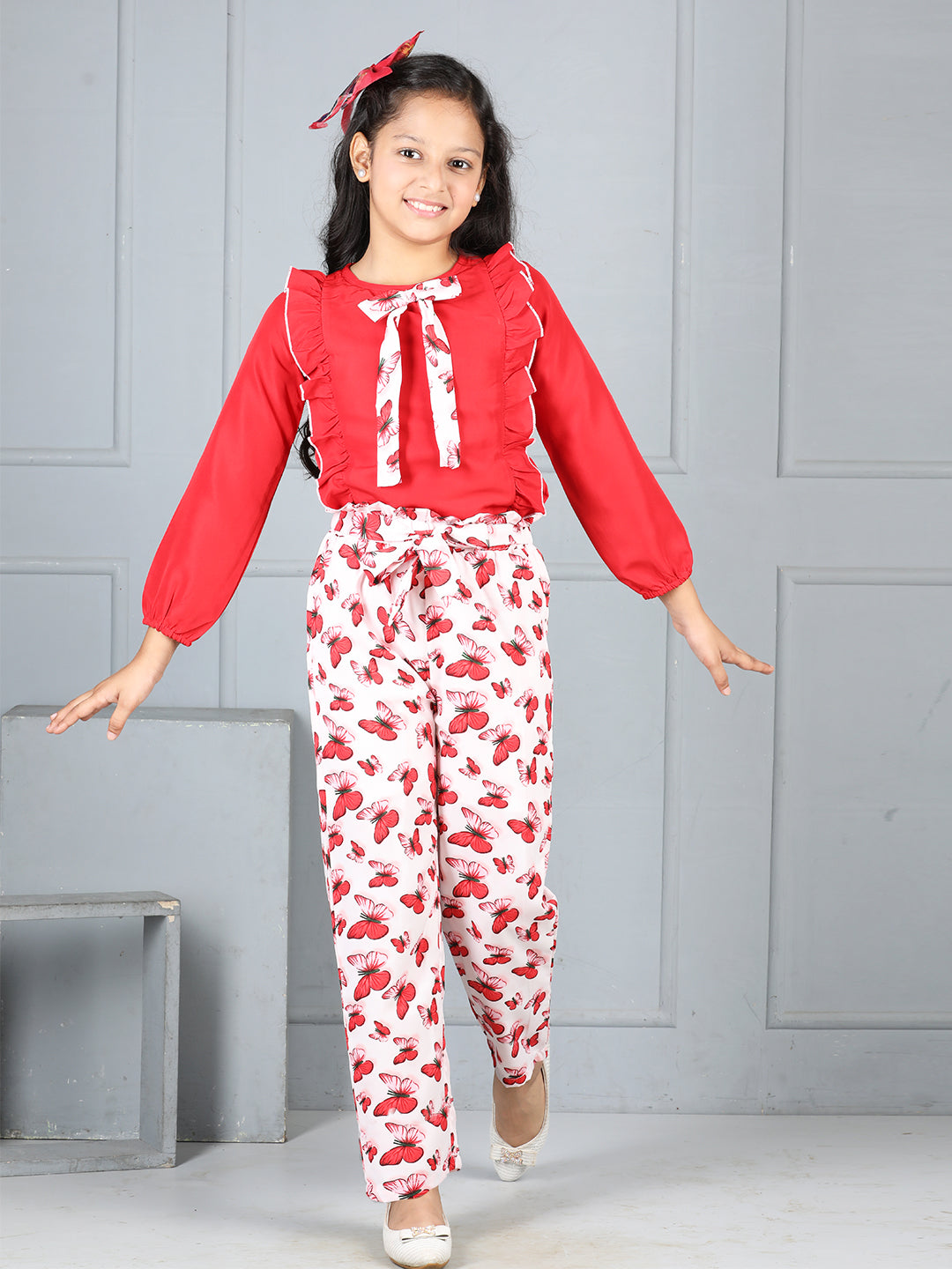 Cutiekins Girls Tie-Up Solid Embellished Top With Butterfly Print Trouser -Red & Off White