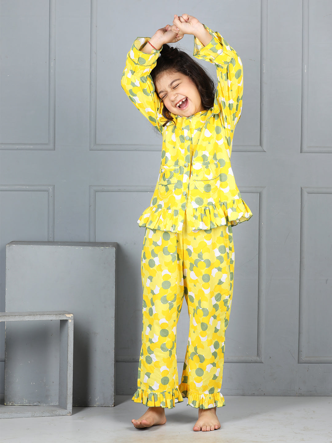 Cutiekins Girls Shirt Style Polka Printed Top With Printed Palazzo Nightsuit -Yellow & Olive