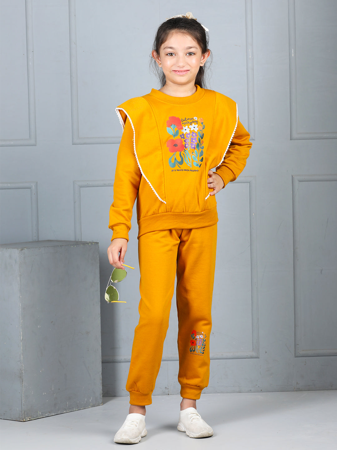 Cutiekins Girls Graphic Print and Embellished Cozy Tracksuit -Mustard & Red