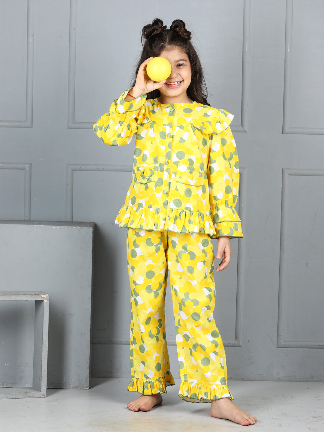 Cutiekins Girls Shirt Style Polka Printed Top With Printed Palazzo Nightsuit -Yellow & Olive