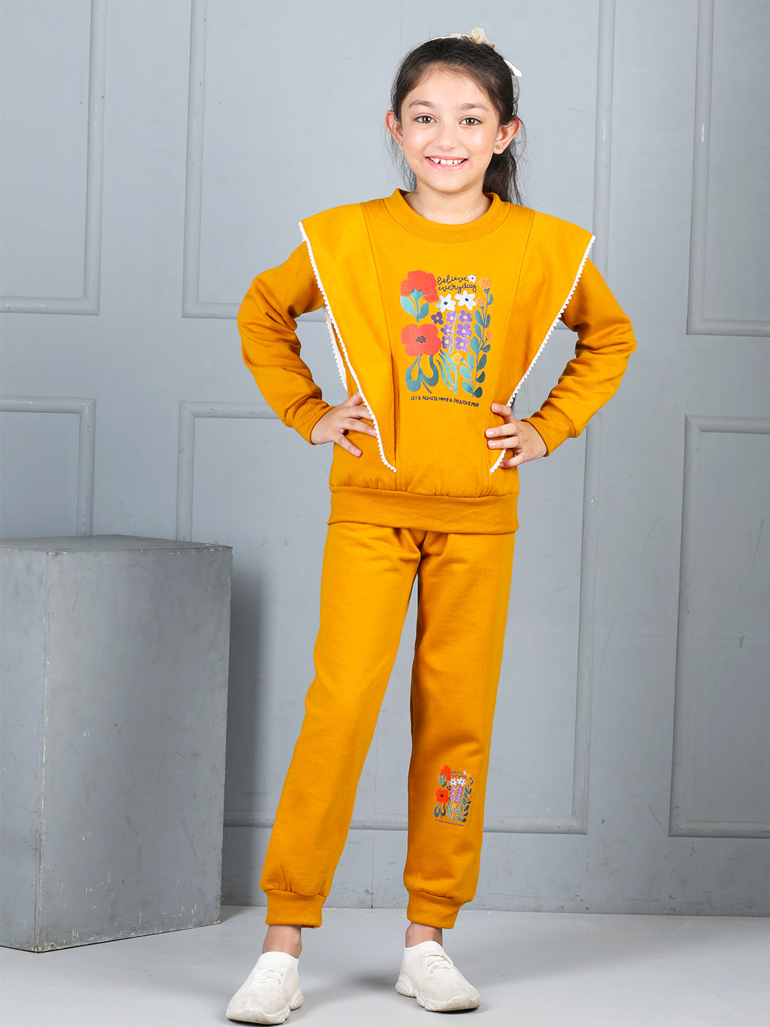 Cutiekins Girls Graphic Print and Embellished Cozy Tracksuit -Mustard & Red