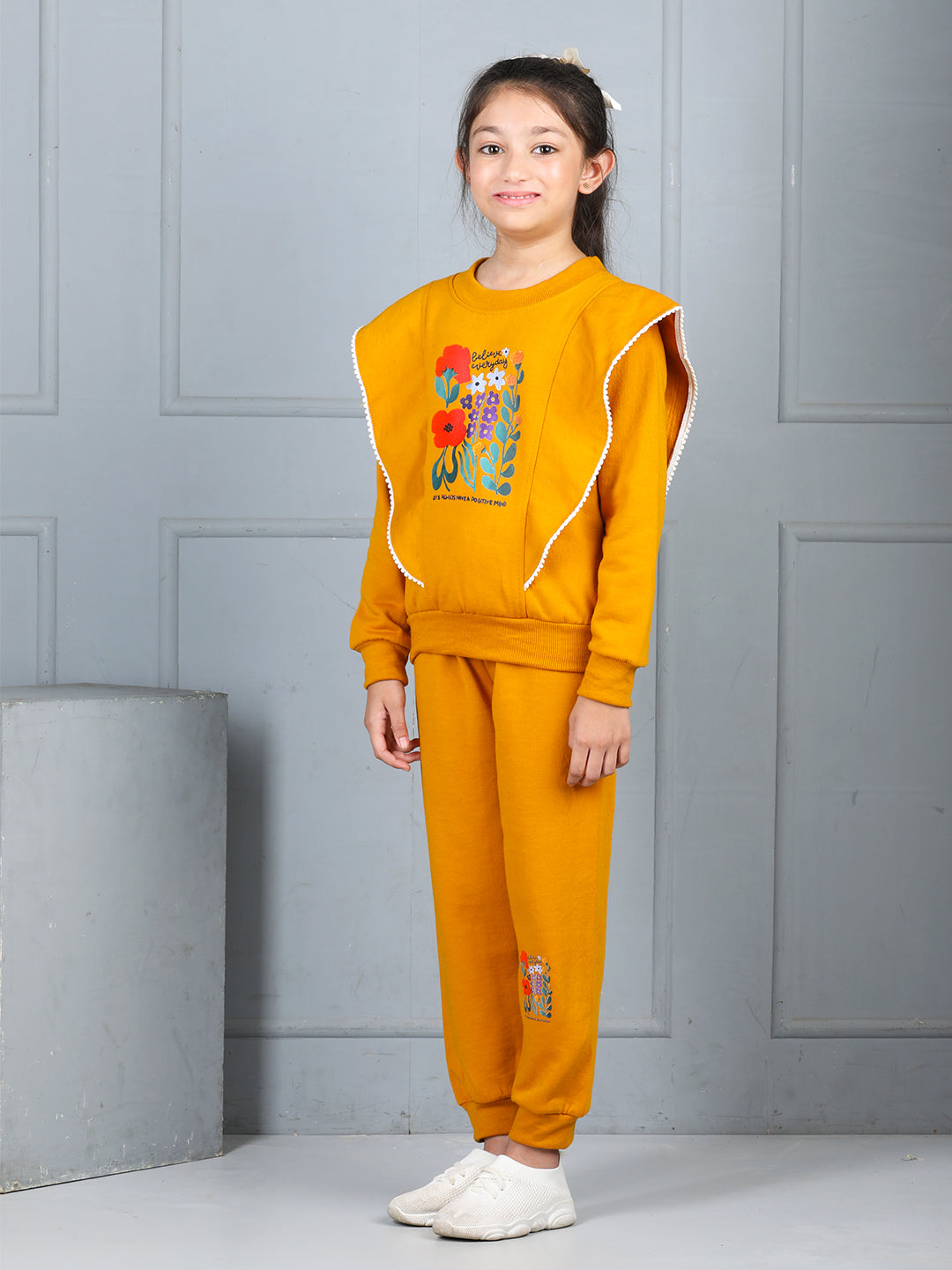 Cutiekins Girls Graphic Print and Embellished Cozy Tracksuit -Mustard & Red