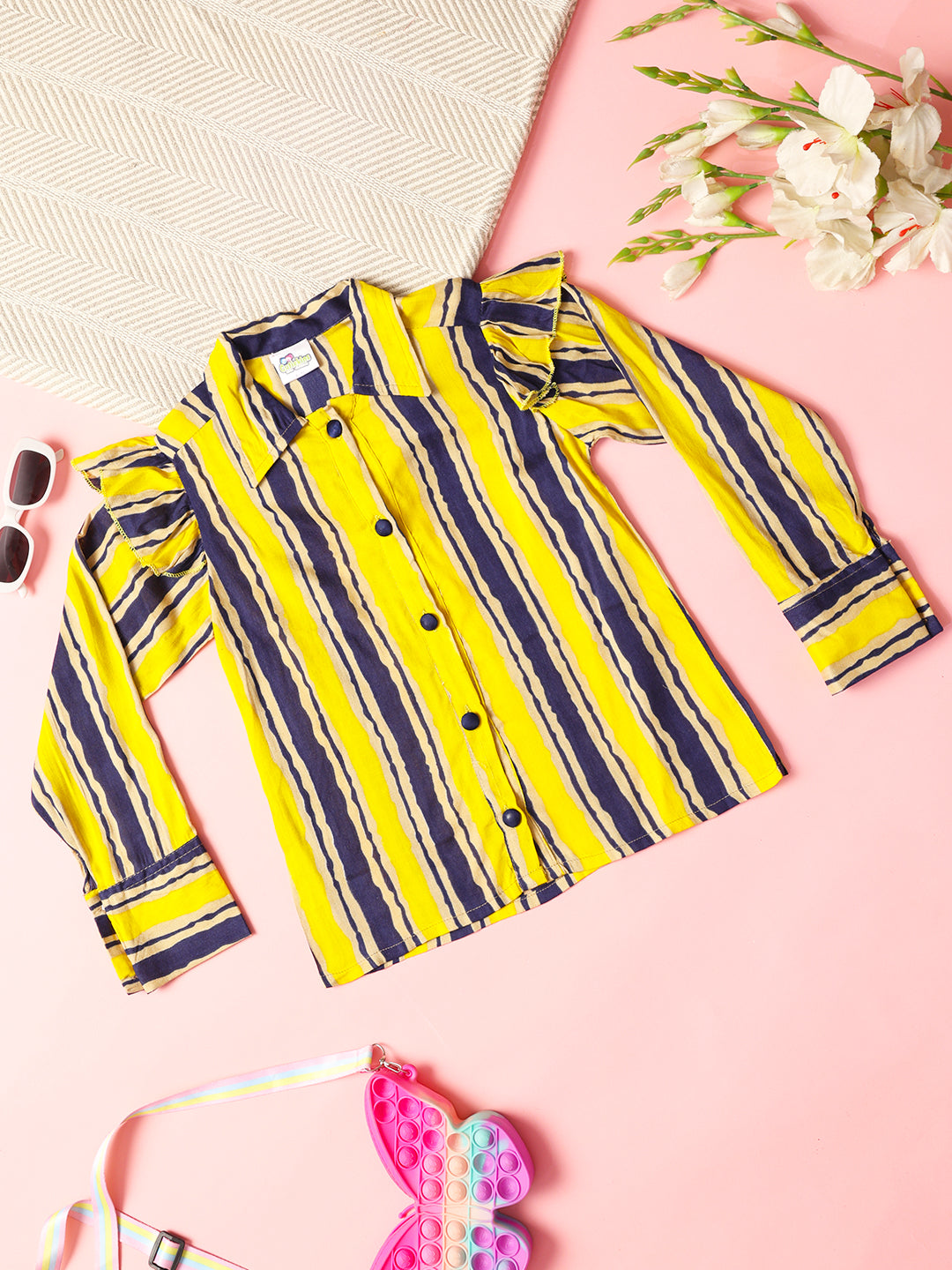 Cutiekins Girls Shirt Style Striped Top -Yellow & Navy Blue