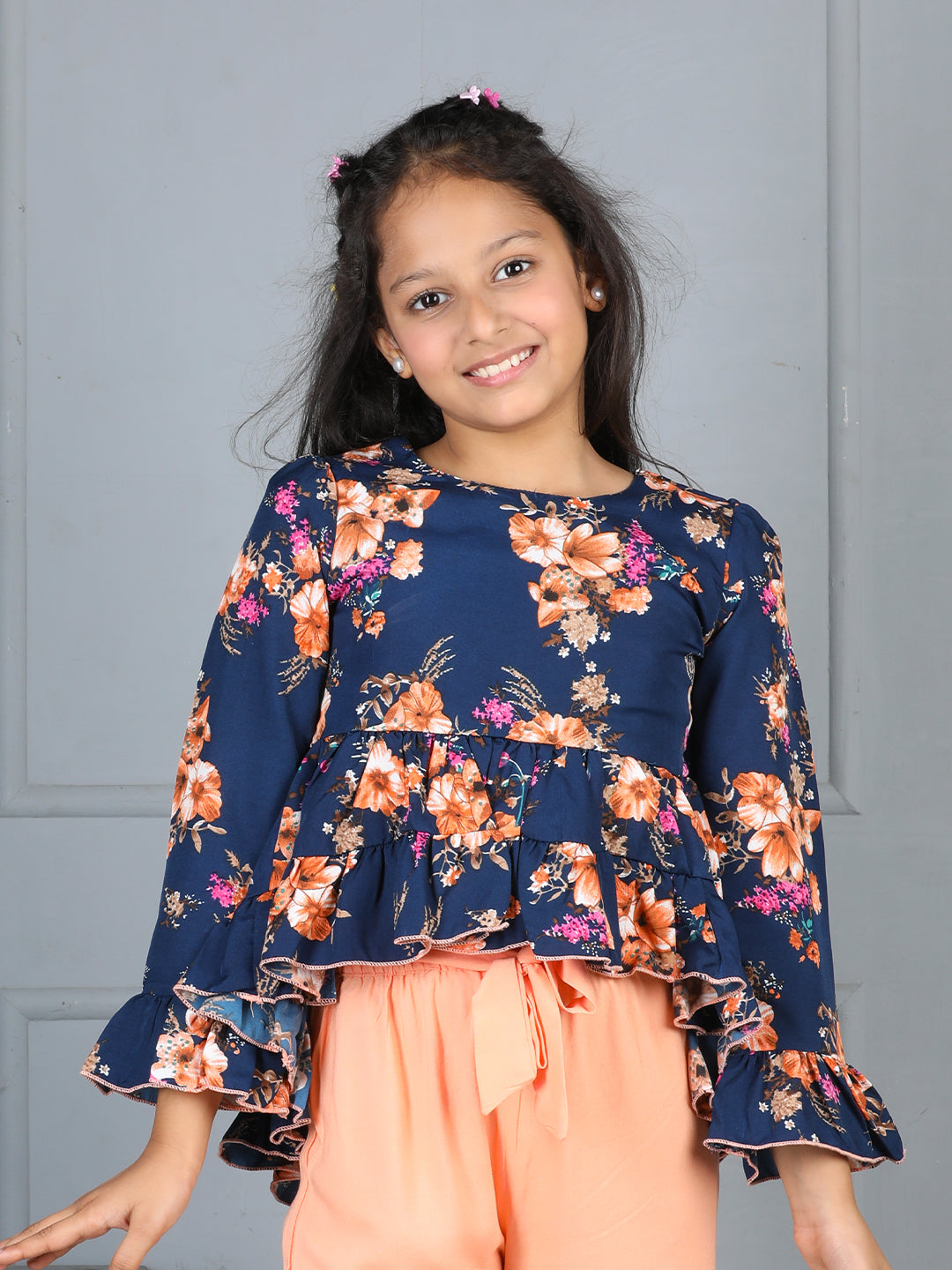 Cutiekins Girls Adorable Floral Print Casual  Top -Navy Blue & Rust