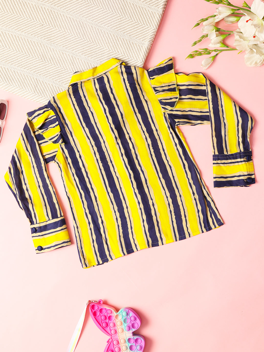 Cutiekins Girls Shirt Style Striped Top -Yellow & Navy Blue