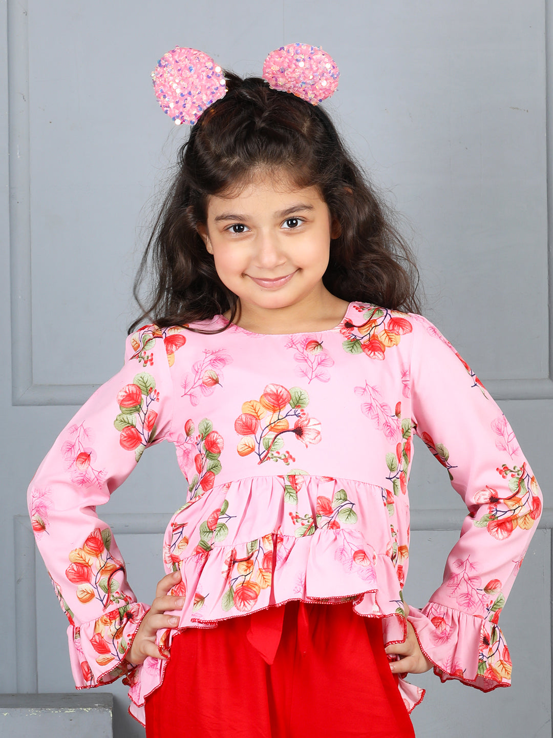 Cutiekins Girls Adorable Floral Print Casual  Top -Pink & Red